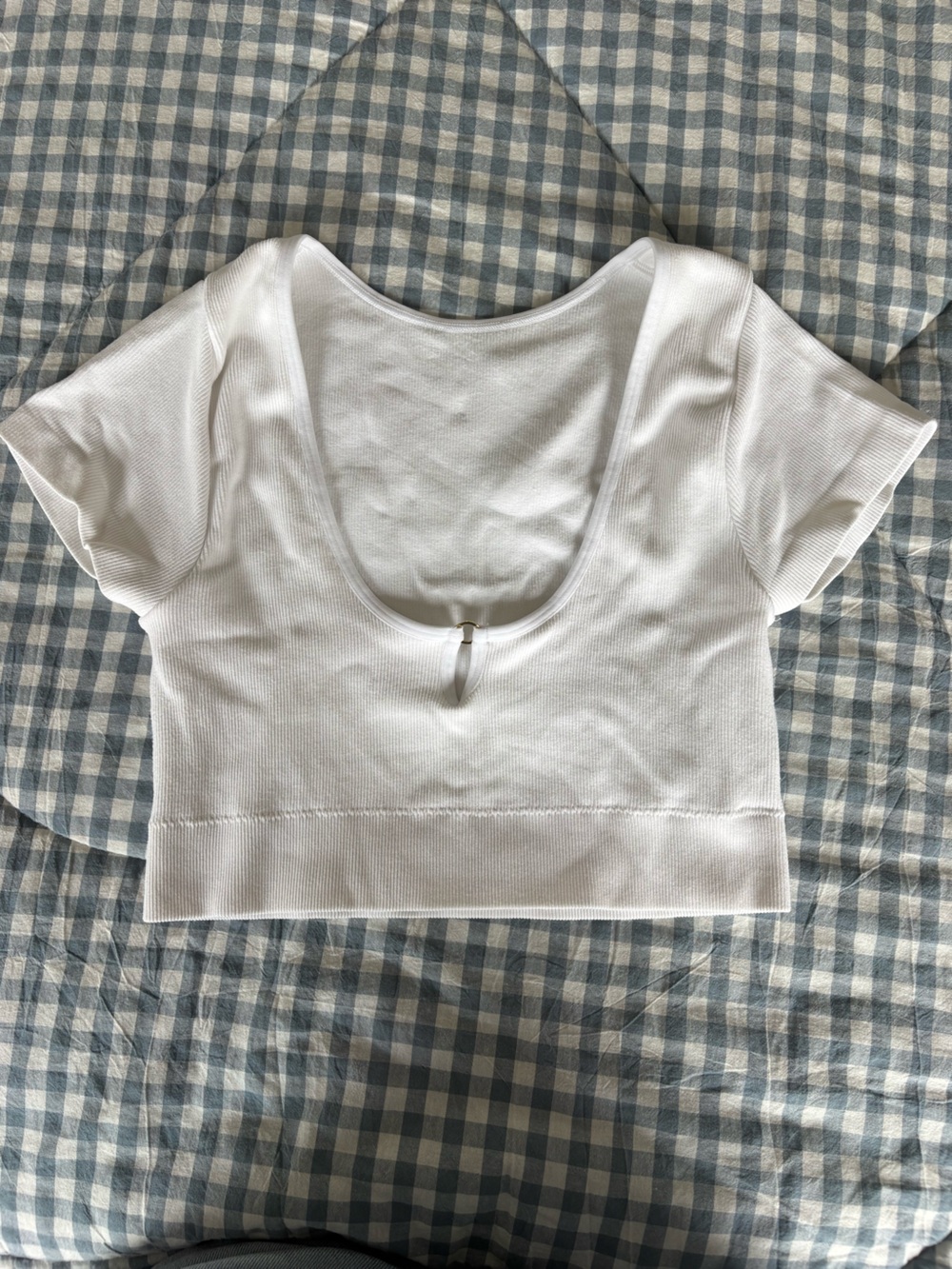 White Short Sleeve Ribbed Scoop Neck Top